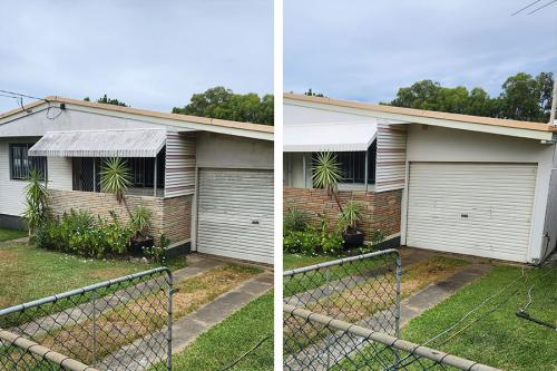 Before and after house washing front yard of an old house