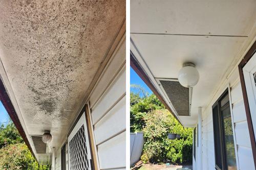 Before and after house washing a car port