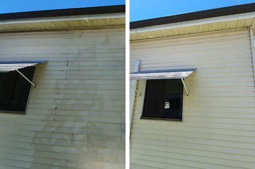 Before and after house washing the side of an old house