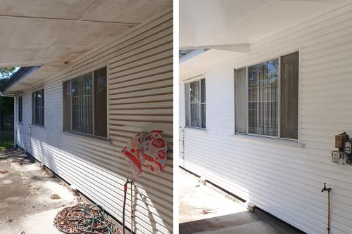 Before and after house washing front of house