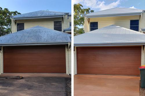 before and after house washing driveway and garage of house