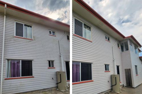 Old wooden home before and after from bacyard