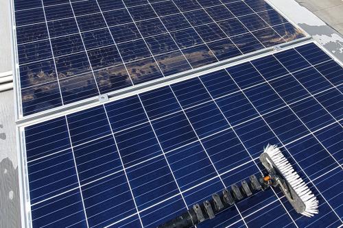 Cleaning solar panel with pure water dispenser showing difference