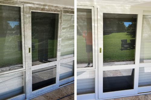 Old wooden house patio windows before and after cleaning