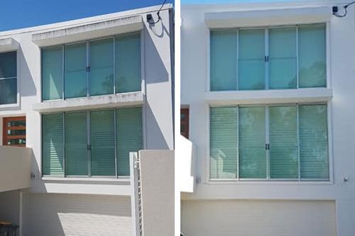 Modern house windows before and after cleaning